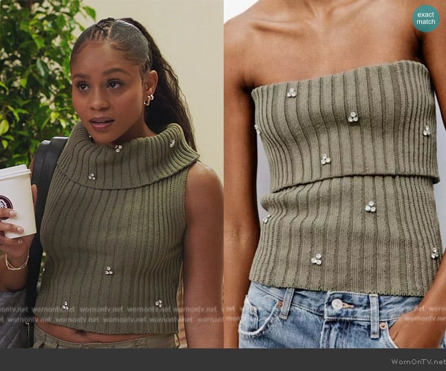 Zara Beaded Off The Shoulder Knit Top worn by Simone (Geffri Hightower) on All American Homecoming