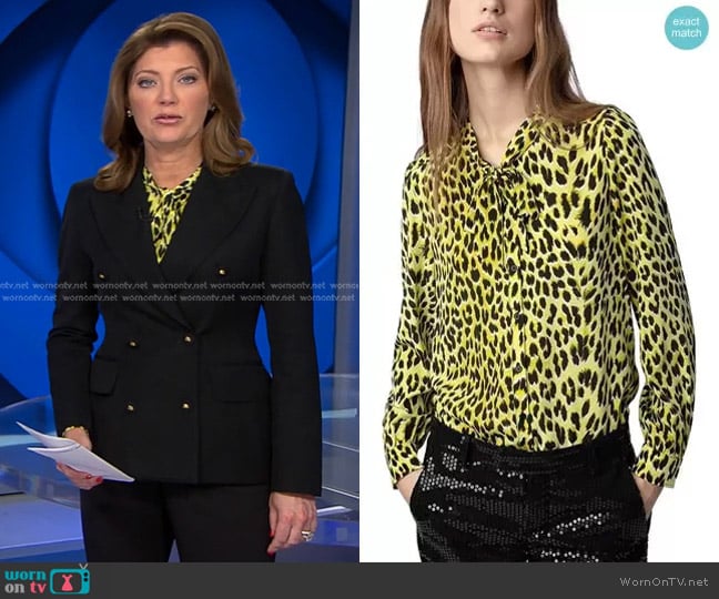 Zadig & Voltaire Taos Animal Print Silk Top worn by Norah O'Donnell on CBS Evening News