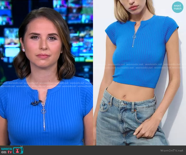 Zara Seamless Zippered Top in Blue worn by Elizabeth Schulze on Good Morning America