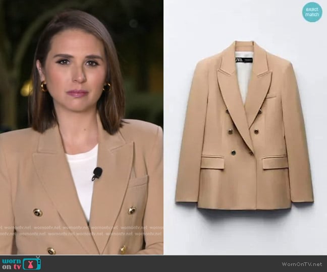 Zara Tailored Double Breasted Blazer in Taupe Brown worn by Elizabeth Schulze on Good Morning America