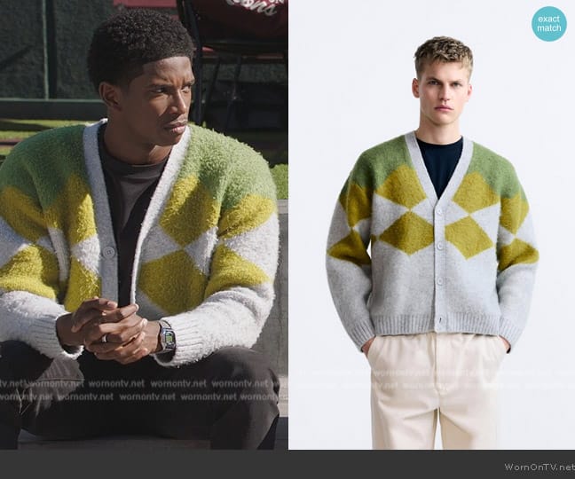 Zara Argyle Jacquard Cardigan worn by Orlando Johnson (Martin Bobb-Semple) on All American Homecoming