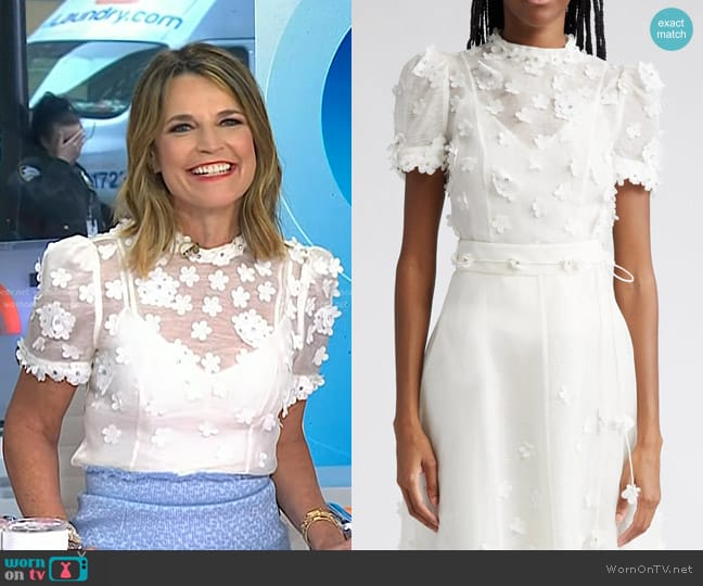 Zimmermann Matchmaker Floral Appliqué Linen & Silk Organza Top worn by Savannah Guthrie on Today