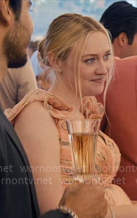 Abby’s coral floral rehearsal dinner dress on The Perfect Couple