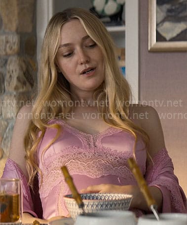 Abby’s pink lace slip and robe on The Perfect Couple