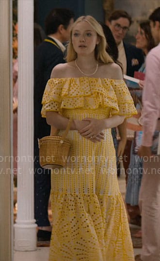 Abby’s yellow eyelet off-shoulder dress on The Perfect Couple