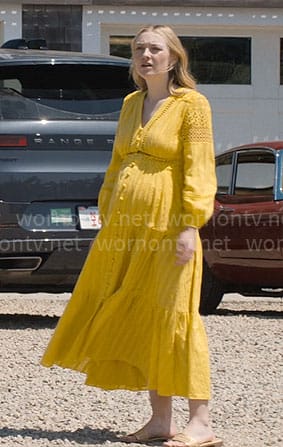 Abby’s yellow long sleeved crochet inset dress on The Perfect Couple