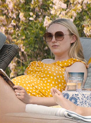 Abby’s yellow dotted swimsuit and sunglasses on The Perfect Couple