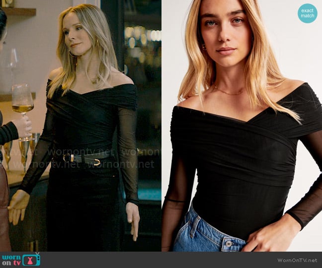 Abercrombie Long-Sleeve Off-The-Shoulder Wrap Mesh Bodysuit worn by Joanne (Kristen Bell) on Nobody Wants This