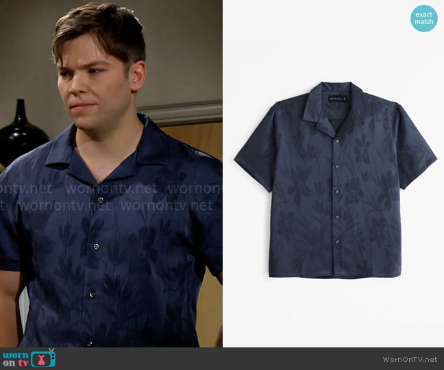 Abercrombie & Fitch Camp Collar Silky Button-Up Shirt in Sapphire Floral worn by R.J. Forrester (Joshua Hoffman) on The Bold and the Beautiful