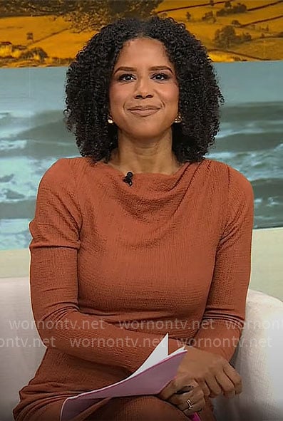 Adriana Diaz's rust brown long sleeve maxi dress on CBS Mornings