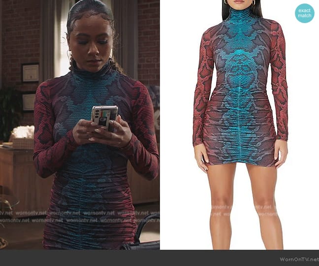 AFRM Signe Snake Print Mock Neck Long Sleeve Ruched Skirt Mini Dress worn by Keisha (Netta Walker) on All American Homecoming