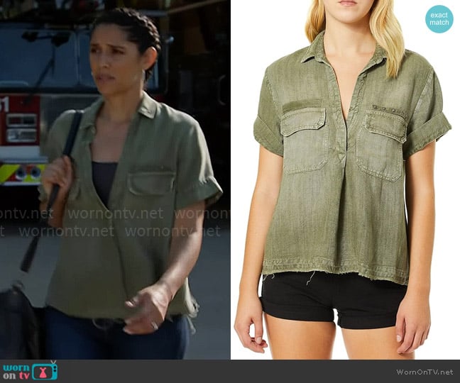 Stella’s green frayed-hem top on Chicago Fire