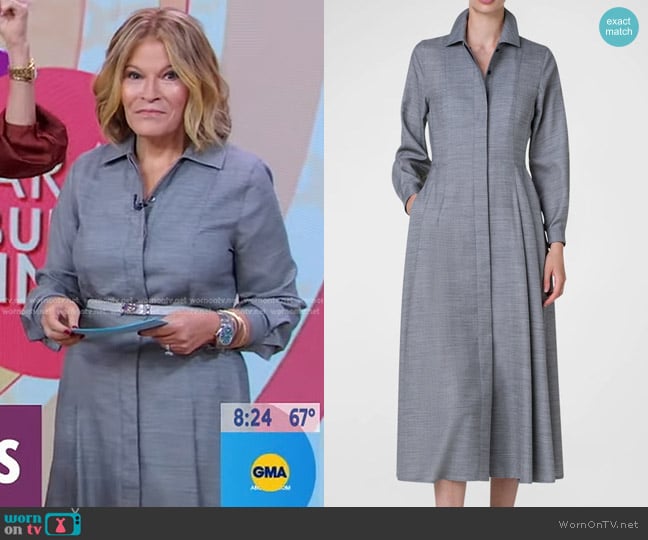 Akris Long-Sleeve Pleated Midi Shirtdress in Black Ecru worn by Tory Johnson on Good Morning America