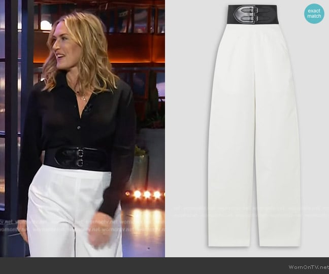 Alaia Belted leather-trimmed gabardine wide-leg pants worn by Kate Winslet on The Kelly Clarkson Show