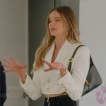 Alanna’s white cropped jacket and black zipper detail jeans on Selling Sunset