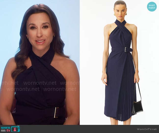 Lacey Chabert’s navy cross-neck dress on Celebrations with Lacey Chabert