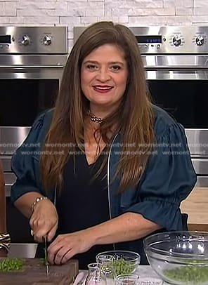 Alex Guarnaschelli's blue elbow sleeve jacket on Today