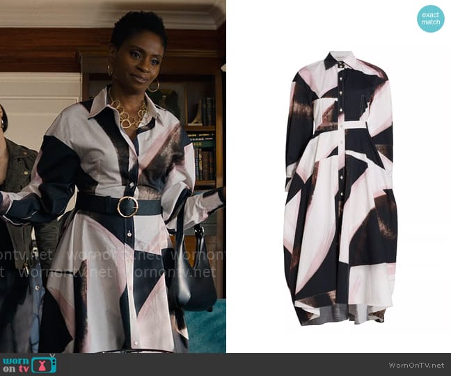 Alexander McQueen Graphic Brushstroke Maxi Shirtdress worn by Enid Collins (Adina Porter) on The Perfect Couple