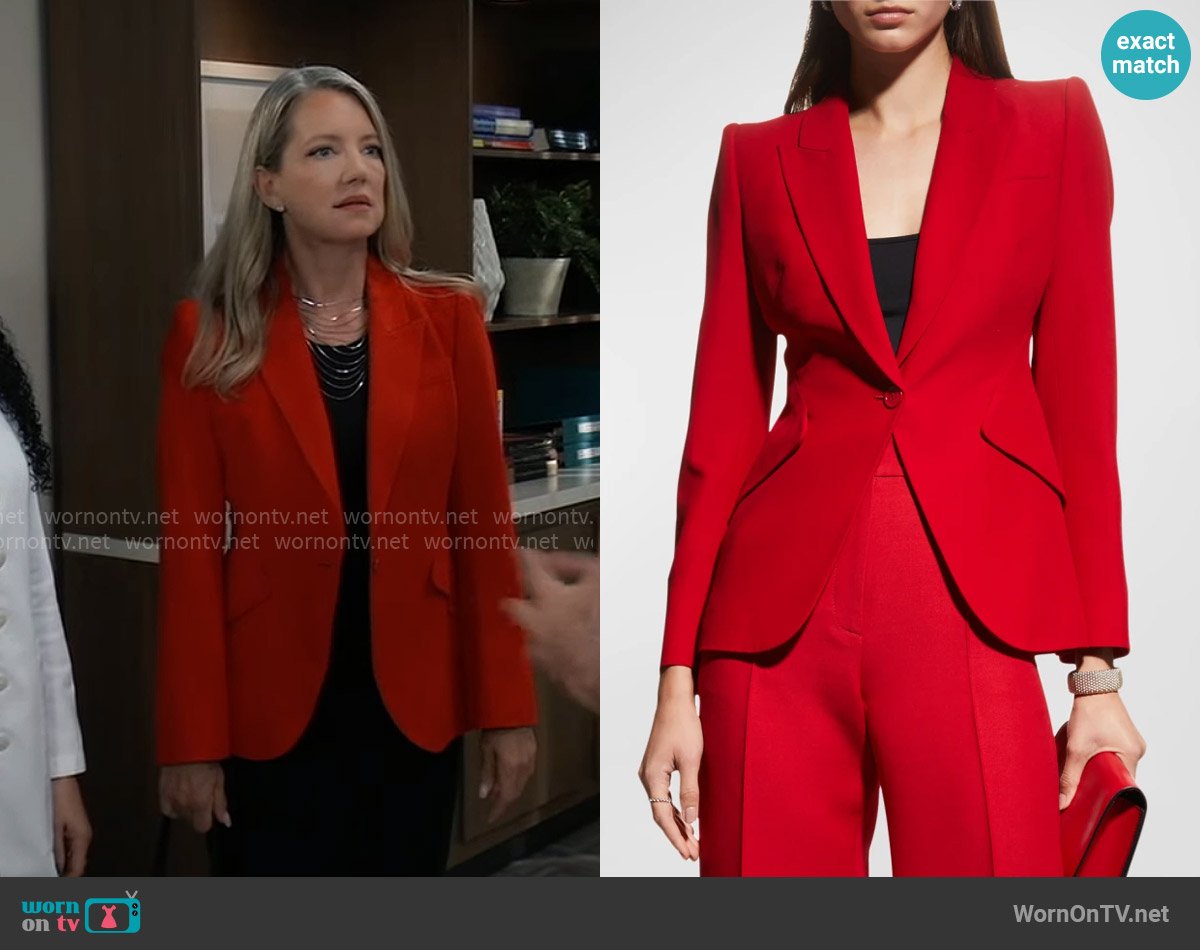Alexander McQueen One Button Blazer Jacket in Warm Orange worn by Nina Reeves (Cynthia Watros) on General Hospital