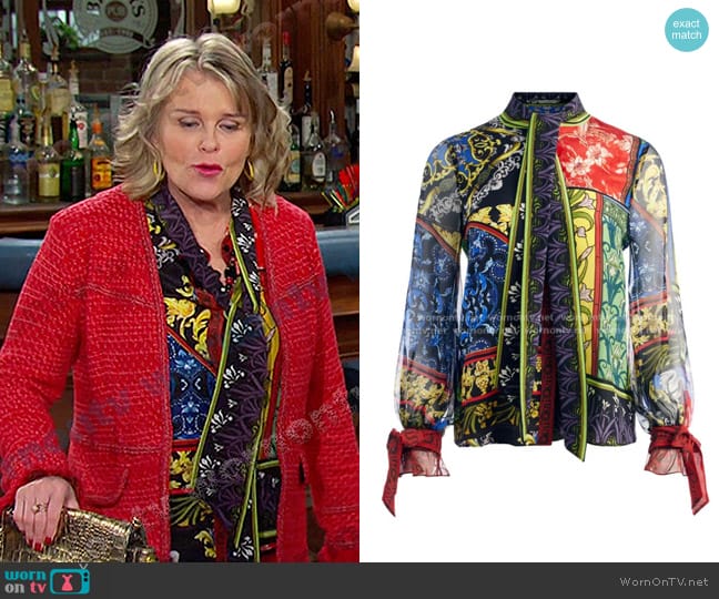 Alice + Olivia Willa Silk Tie Neck Blouse in After Sunset worn by Bonnie Lockhart (Judi Evans) on Days of our Lives