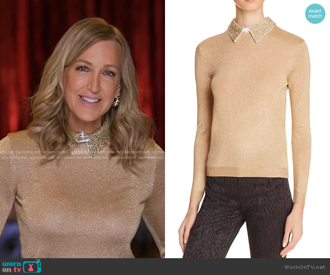 Alice + Olivia Dia Beaded Collar Metallic Sweater worn by Lara Spencer on Good Morning America