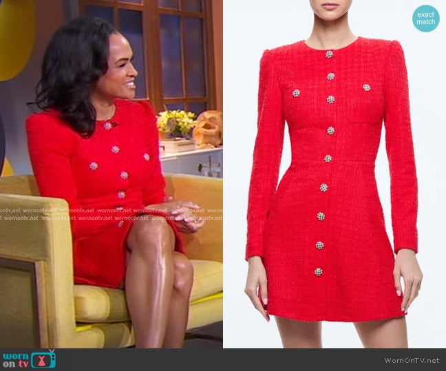 Alice + Olivia Shiloh Long Sleeve Tweed Minidress in Bright Ruby worn by Linsey Davis on Good Morning America