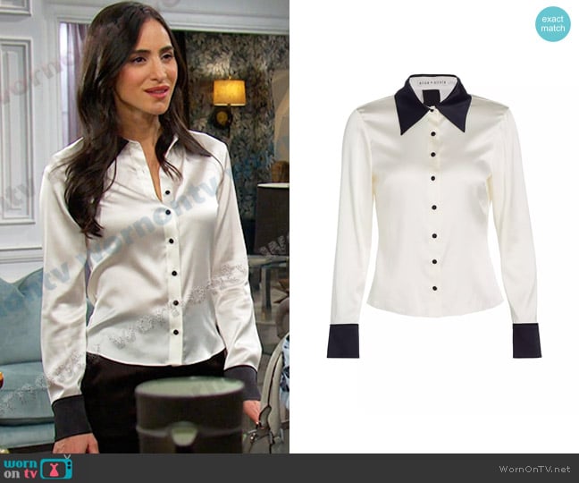 Alice + Olivia Willa Silk Fitted Shirt in Off White/ Black worn by Gabi Hernandez (Cherie Jimenez) on Days of our Lives