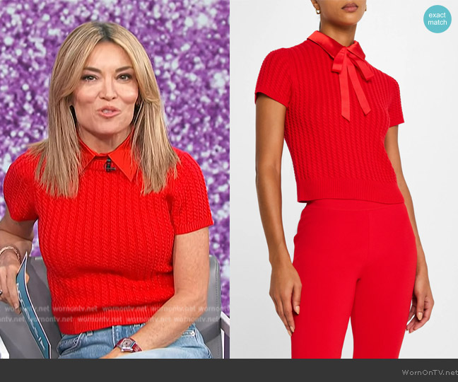 Alice + Olivia Abbott Short-Sleeve Collared Tie Pullover worn by Kit Hoover on Access Hollywood