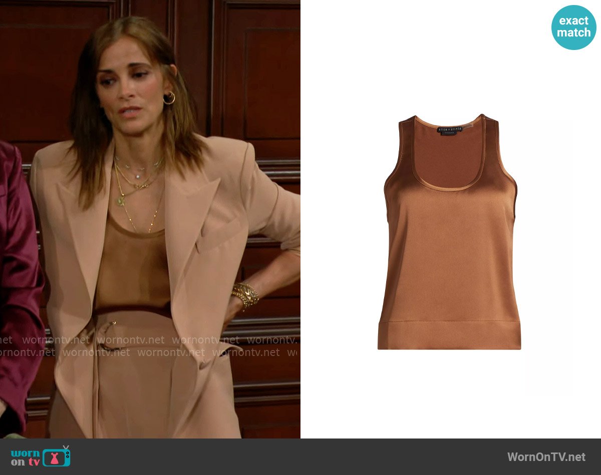 Alice + Olivia Avril Satin Tank in Camel worn by Taylor Hayes (Rebecca Budig) on The Bold and the Beautiful