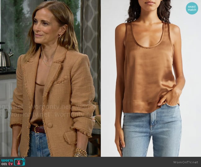 Alice + Olivia Avril Satin Tank in Camel worn by Taylor Hayes (Rebecca Budig) on The Bold and the Beautiful