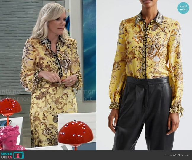 Alice + Olivia Willa Shirt in Lisboa Lemon Meringue worn by Ava Jerome (Maura West) on General Hospital