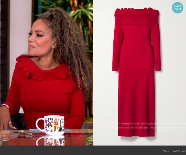 Altuzarra Lunaire off-the-shoulder appliquéd cashmere maxi dress worn by Sunny Hostin on The View