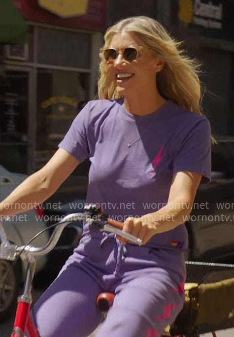 Amanda's purple lightning bolt t-shirt and sweatpants on The Talk