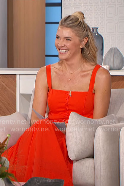 Amanda's red square-neckline midi dress on The Talk