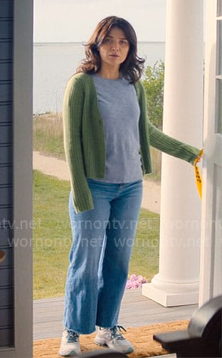 Amelia’s green rib knit cardigan on The Perfect Couple