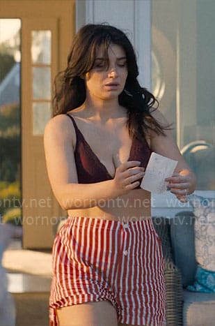 Amelia's dark red lace bra and striped boxer shorts on The Perfect Couple