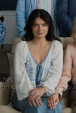 Amelia's white and blue tie front top on The Perfect Couple