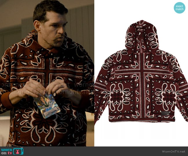 Amiri Leather-Trimmed Bandana-Print Fleece Hoodie worn by Sasha Roklov (Timothy Simons) on Nobody Wants This