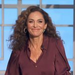 Amy Brenneman’s burgundy button down blouse on The Talk