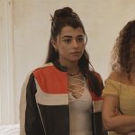 Ana’s colorblock leather moto jacket on Only Murders in the Building