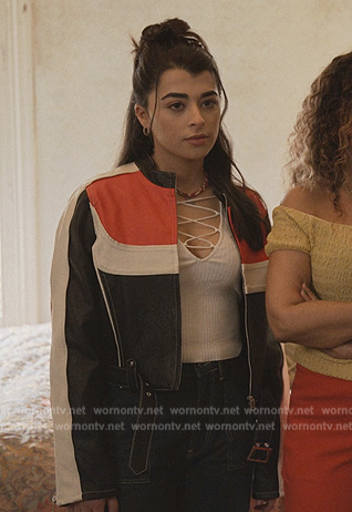 Ana's colorblock leather moto jacket on Only Murders in the Building