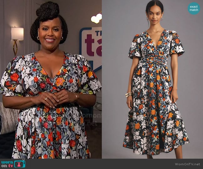 Anthropologie The Katerina Button-Front Dress in Black Motif worn by Natasha Rothwell on The Talk