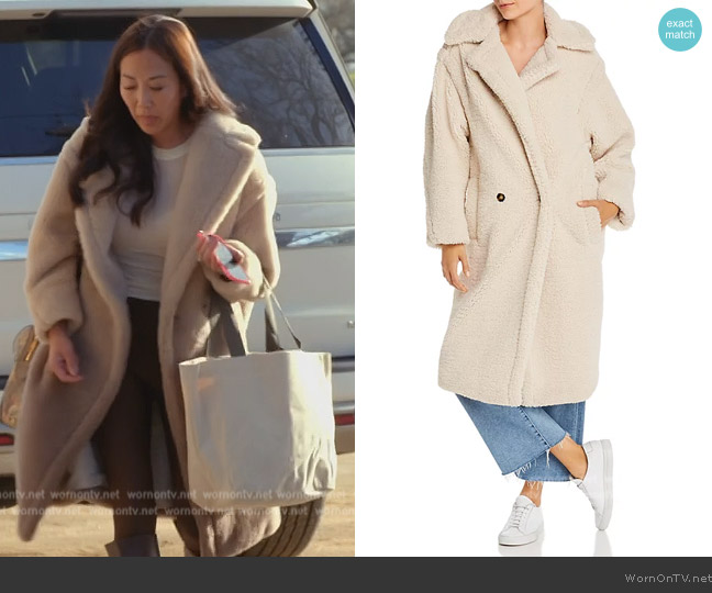 Apparis Daryna Double-Breasted Sherpa Coat worn by Katie Ginella on The Real Housewives of Orange County