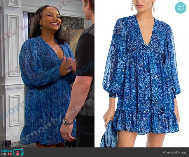 Aqua Smocked Long Sleeve Dress worn by Chanel Dupree (Raven Bowens) on Days of our Lives