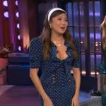 Ashley Park’s blue polka dot ruffled dress on The Kelly Clarkson Show