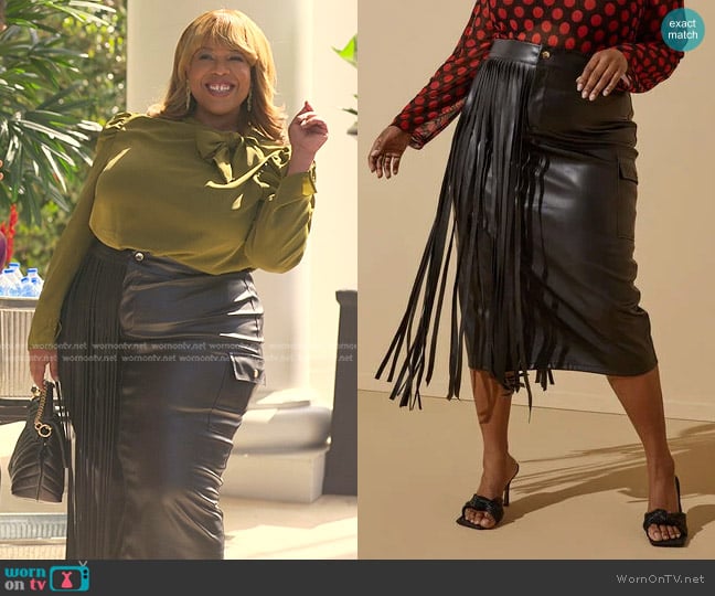 Ashley Stewart Fringed Faux Leather Midi Skirt worn by Krystal Walters (Angela Grovey) on Reasonable Doubt