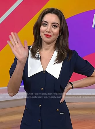 Aubrey Plaza's navy contrast collar dress on Today