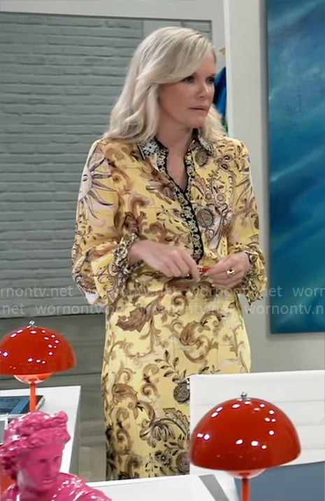 Ava's yellow printed blouse and skirt set on General Hospital