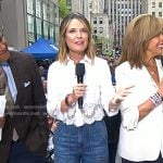 Savannah’s white floral lace shirt and wide leg jeans on Today