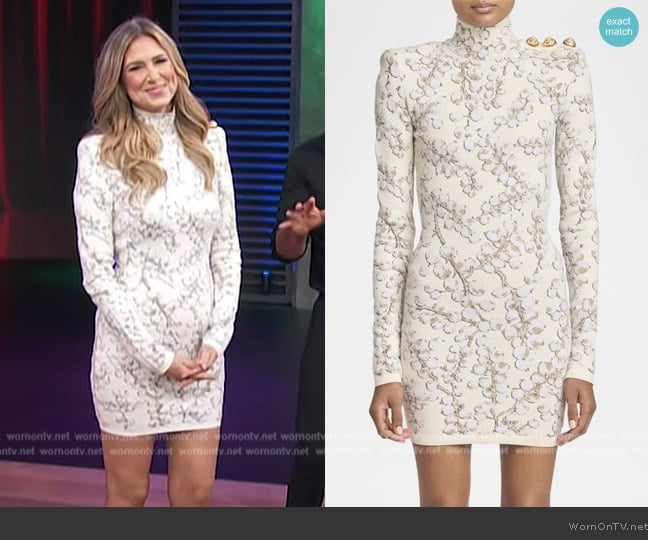 Balmain Long-Sleeve Velvet Groseille Knit Mini Dress worn by Nikki Novak on Access Hollywood